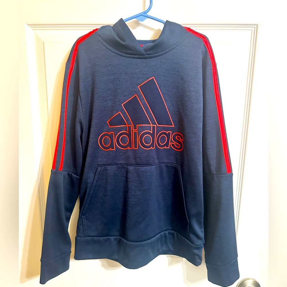 Adidas navy hoodie with red stripes - youth medium